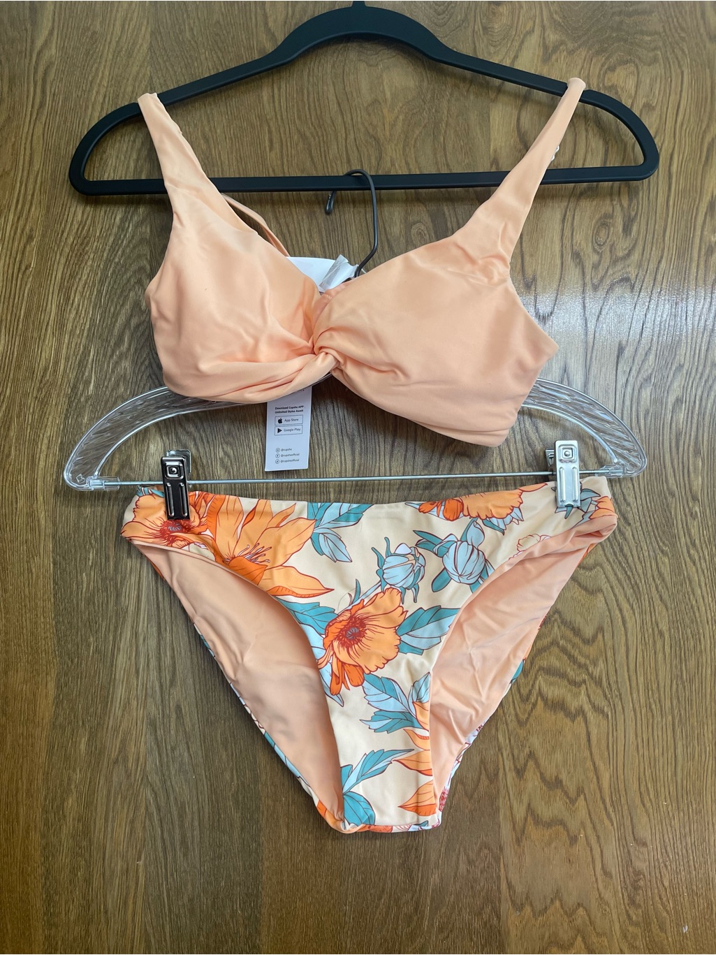Small Swimsuit Peach Twist Bikini Set With Floral Bottoms Reversible Beach